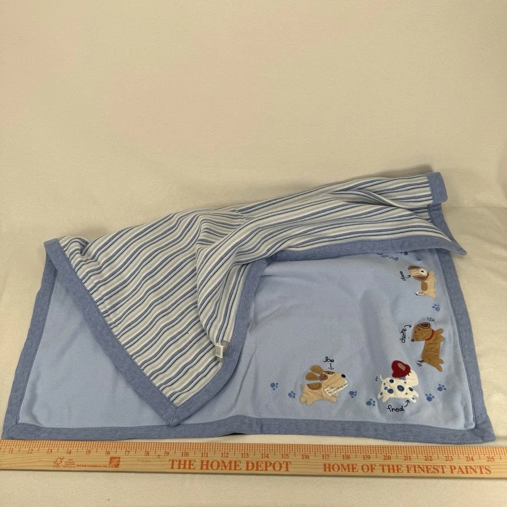 Carter's Baby Blanket Puppy Dogs Woof Blue Stripe Cotton Lovey Security 28x28